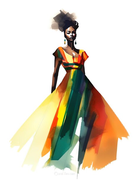 Watercolor Fashion Art of African Woman in a Colorful Gown