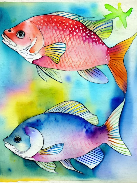 Watercolor Fish Painting Acrylic Underwater Reproduction