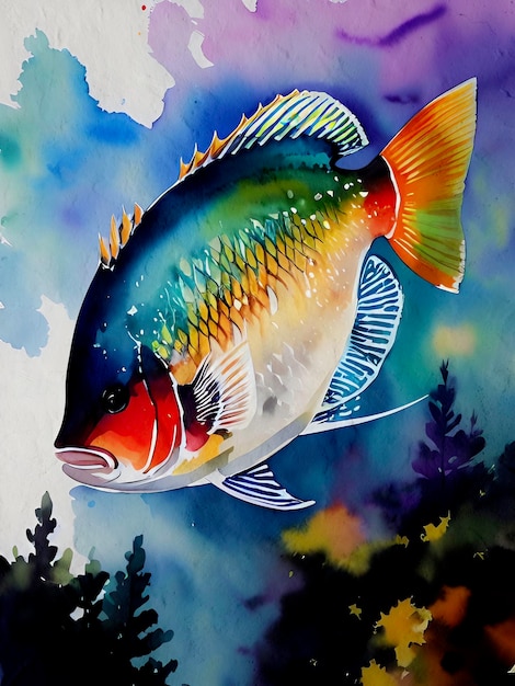 Watercolor Fish Painting Artistic Background Reproduction Lake Sea and Ocean