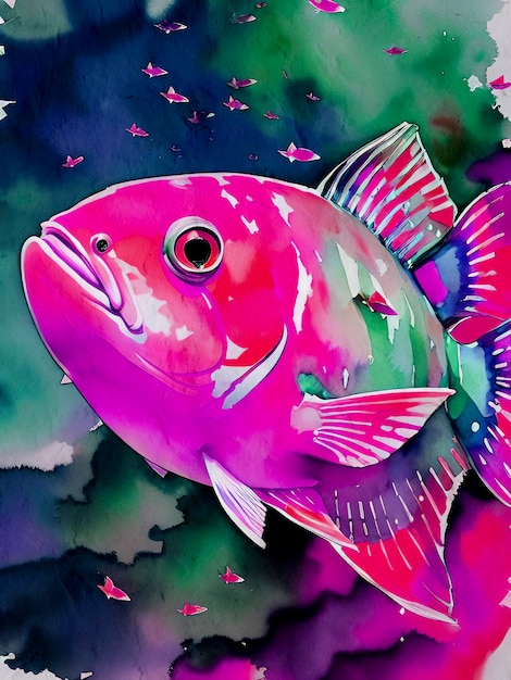 Watercolor Fish Painting Artistic Background Reproduction Lake Sea and Ocean