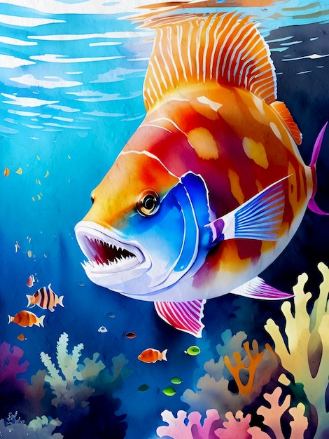 Watercolor Fish Painting Artistic Background Reproduction Lake Sea and Ocean