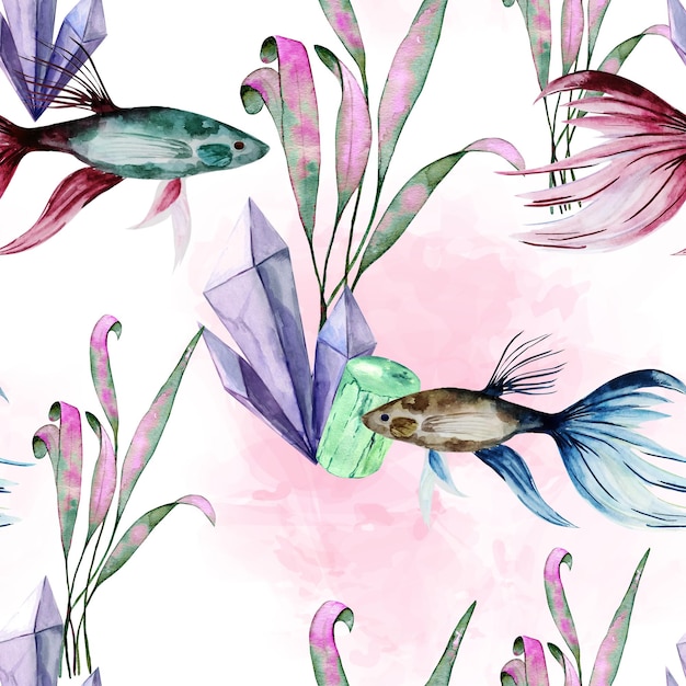 Watercolor fish seamless patternTropical fishes seaweed on white background