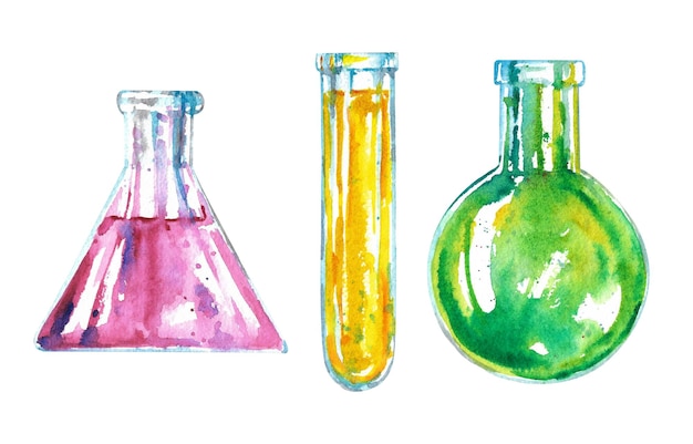 Watercolor flasks Chemical test tubes of various shapes with multicolored liquid