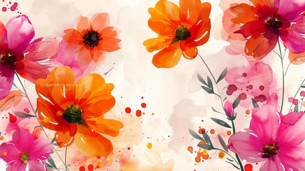 Watercolor floral background featuring vibrant pink and orange flowers with leaves