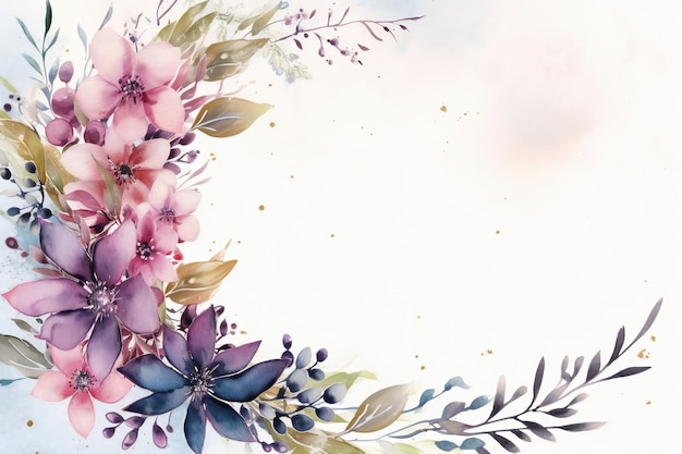 A watercolor floral background with a blue flower and leaves.