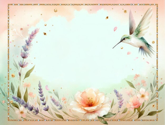 Photo watercolor floral background with delicate hummingbird pastel flowers foliage and gold border