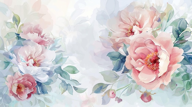 Watercolor floral background with delicate pink roses and blue leaves romantic and elegan