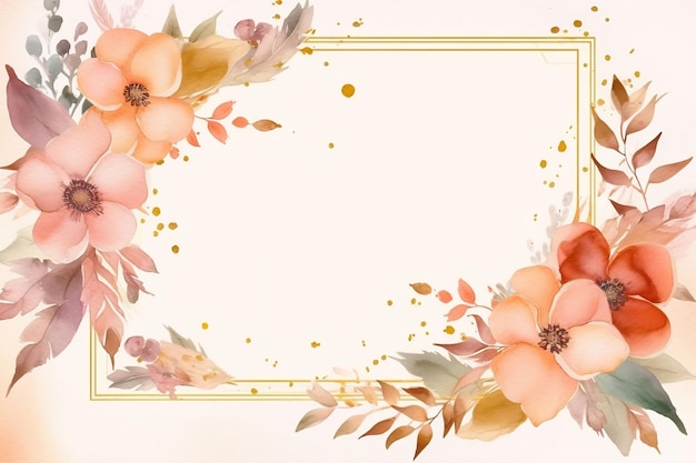 Watercolor floral background with golden frame AI generated