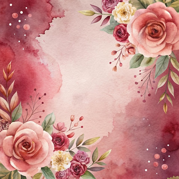 Watercolor Floral Background with Red and Pink Roses and Greenery