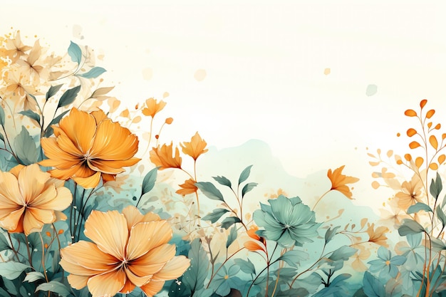 watercolor floral background with several flowers and leaves