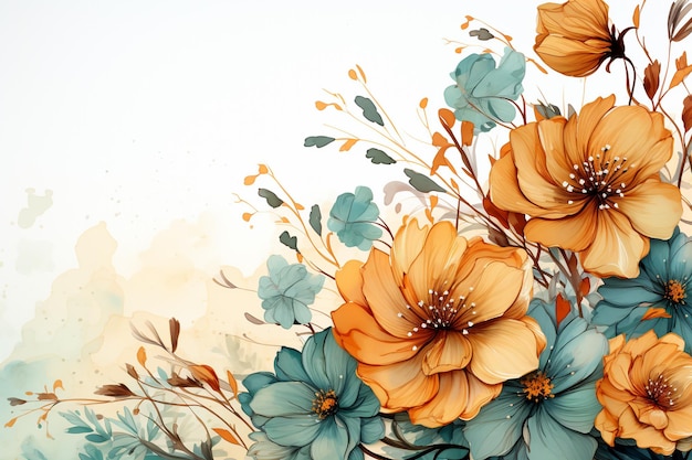 watercolor floral background with several flowers and leaves