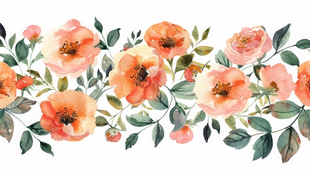 Watercolor Floral Banner Romantic Orange and Peach Roses Wedding Invitation Design Floral