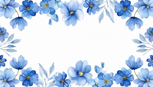 Photo watercolor floral border featuring blue flowers and leaves ideal for wedding invitations and greeting cards