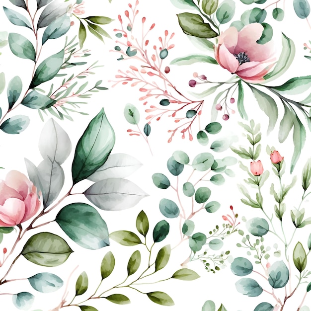 Watercolor floral border green leaves burgundy maroon scarlet pink peach blush white flowers leaf