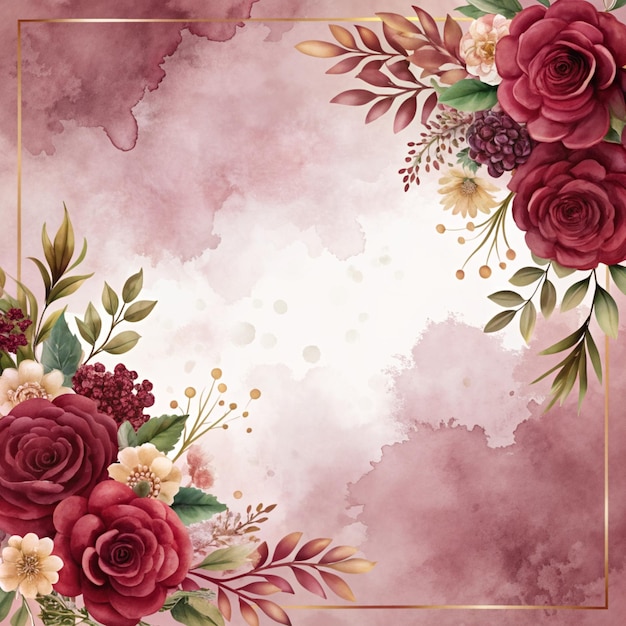 Watercolor Floral Border with Golden Frame