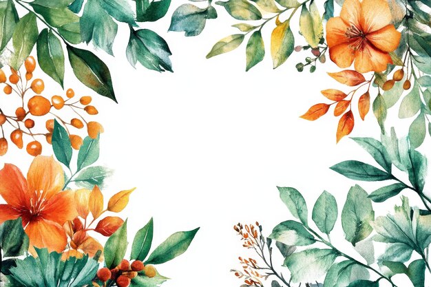 Watercolor Floral Border with Orange Flowers and Green Leaves