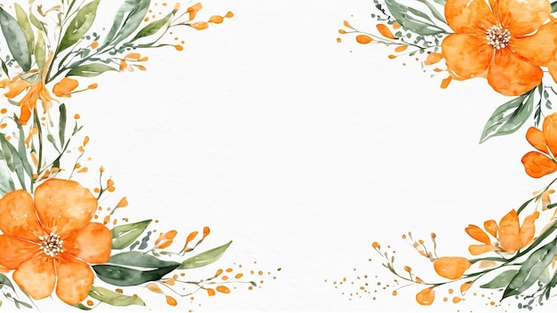 Watercolor Floral Border with Orange Flowers and Leaves