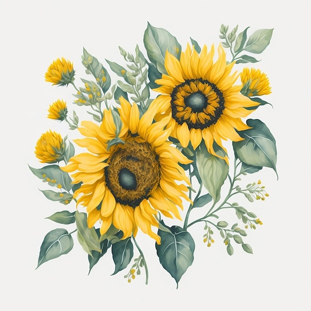 Watercolor floral clipart Sunflower and eucalyptus leaves bouquet for rustic wedding design fabric