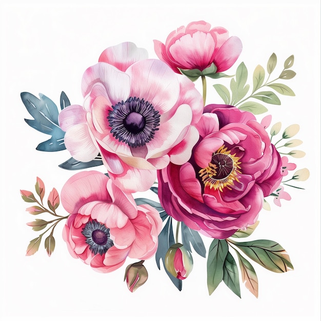 Watercolor floral composition Hand painted anemone ranunculus pink peonies bouquet set