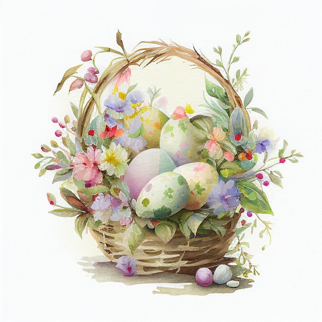 Photo watercolor floral easter basket with eggs, generative ai