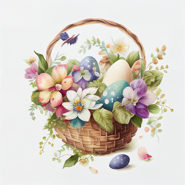 Watercolor Floral Easter Basket with eggs, generative ai