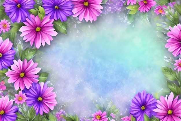 Watercolor floral frame background with flower purple soft