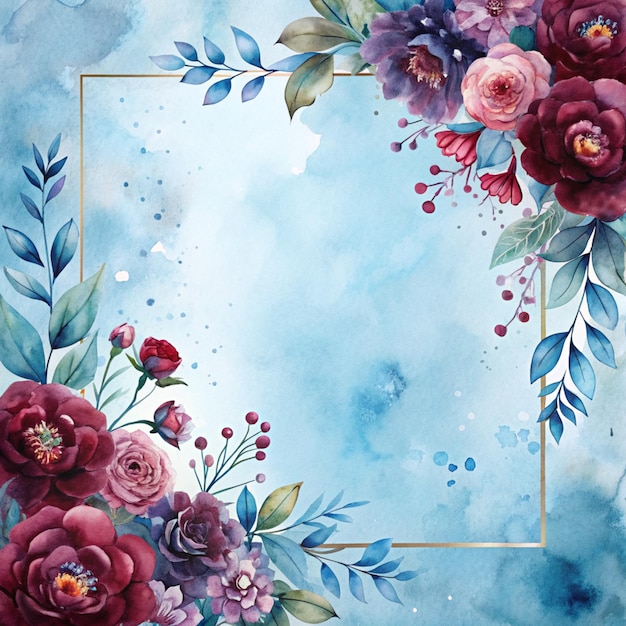 Watercolor floral frame with blue background and gold border