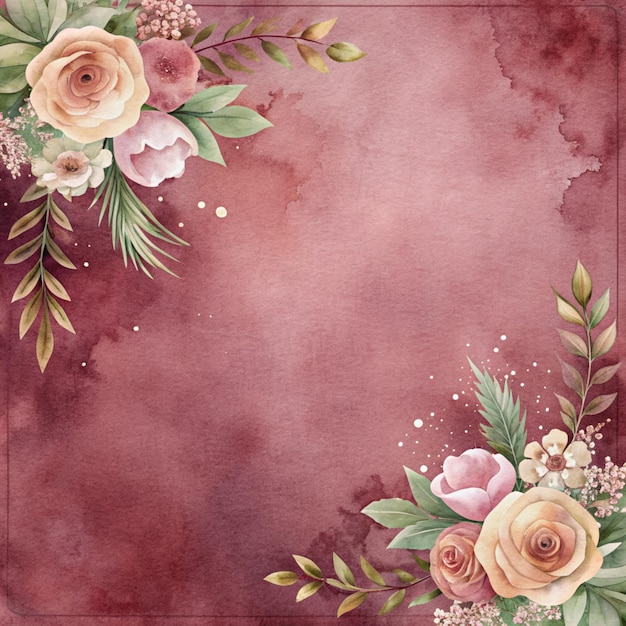 Watercolor floral frame with burgundy background