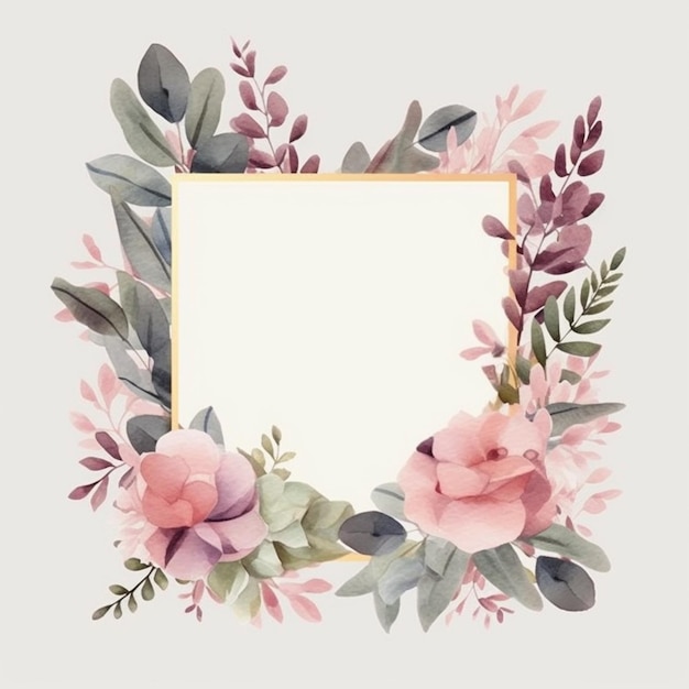 watercolor floral frame with pink flowers and green leaves generative ai