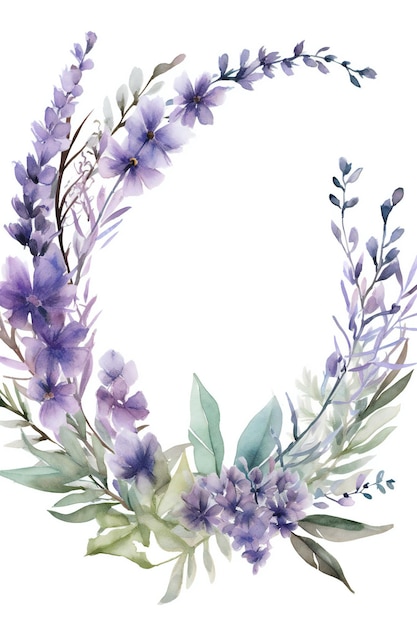 A watercolor floral frame with purple flowers.