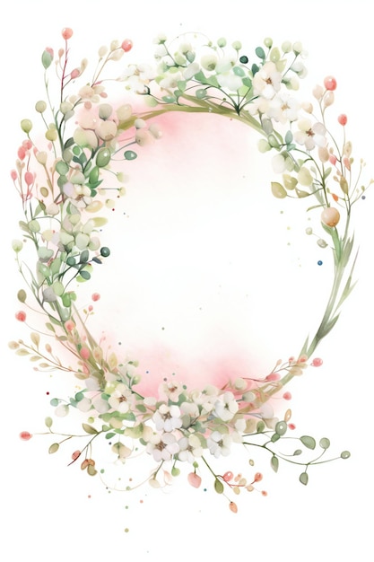 A watercolor floral frame with a white flower and green leaves.