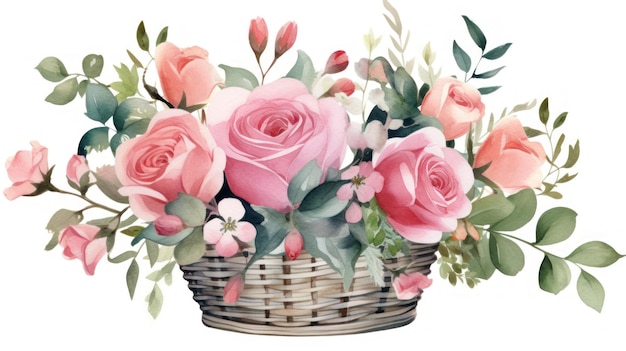 Watercolor Floral Illustration Basket with Leaves and Bouquets for Wedding Stationery AI Generated