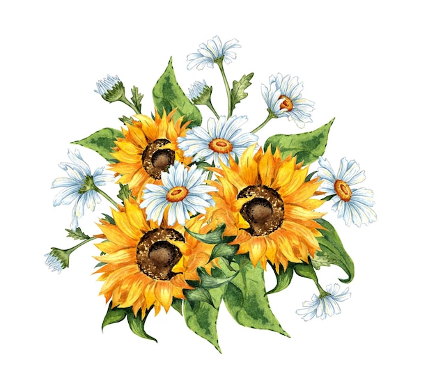 Watercolor floral illustration Bouquet of sunflowers daisies isolated on a white background Handmade flowers for wedding anniversary birthday invitations and cards