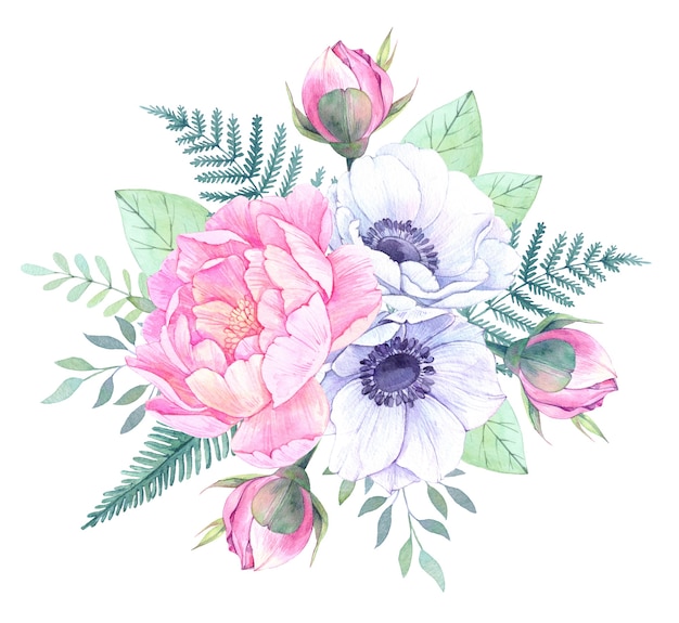 Watercolor floral illustration. Bouquet with peonies, anemone flowers, leaves