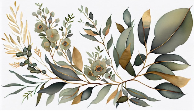 Watercolor floral illustration green gold leaf branches Eucalyptus olive