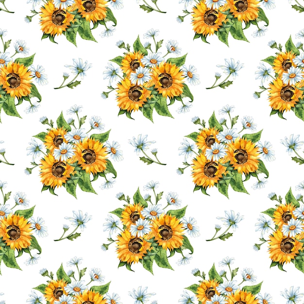 Watercolor floral illustration Pattern Bouquet of sunflowers daisies isolated on a white background Handmade flowers for wedding anniversary birthday invitations and cards