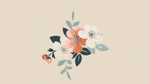 Photo watercolor floral illustration of peach white and blue flowers and leaves