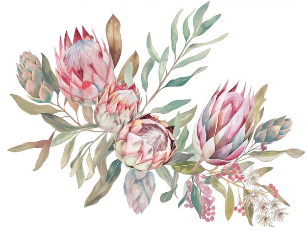 Watercolor floral illustration with protea rose leaves branches and flowers Bohemian greeting card