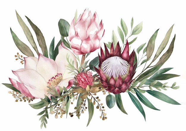 Watercolor floral illustration with protea rose leaves branches and flowers Bohemian greeting card