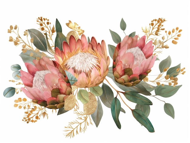 Watercolor floral illustration with protea rose leaves branches and flowers Bohemian greeting card