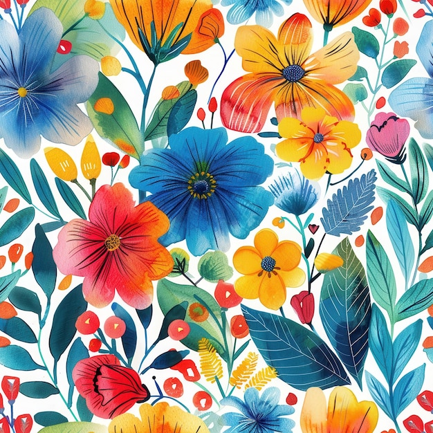 Watercolor Floral Pattern Featuring Colorful Flowers and Green Leaves