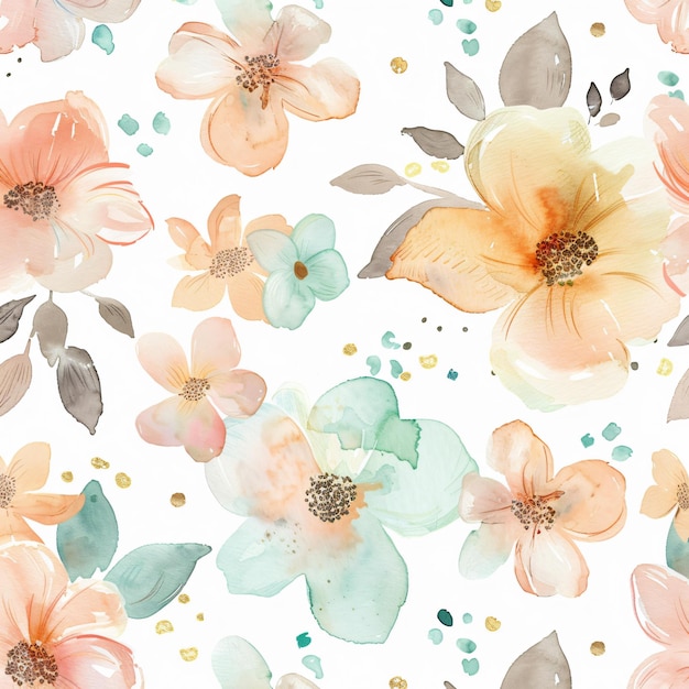 watercolor floral pattern pastel pink and peach tones white background