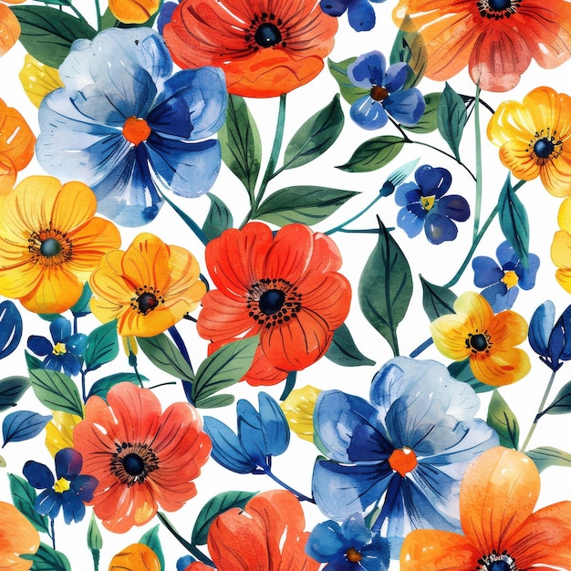 Watercolor Floral Pattern With Blue Orange And Yellow Flowers