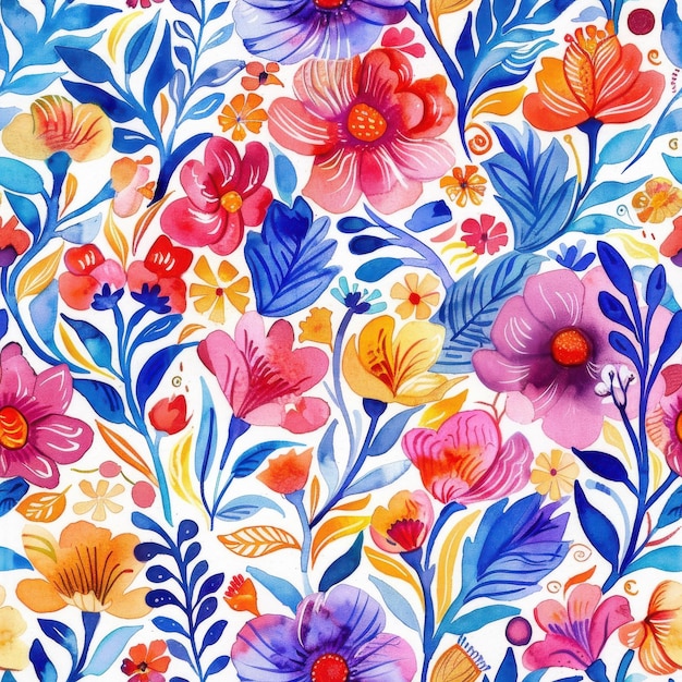 Watercolor Floral Pattern With Colorful Flowers and Leaves