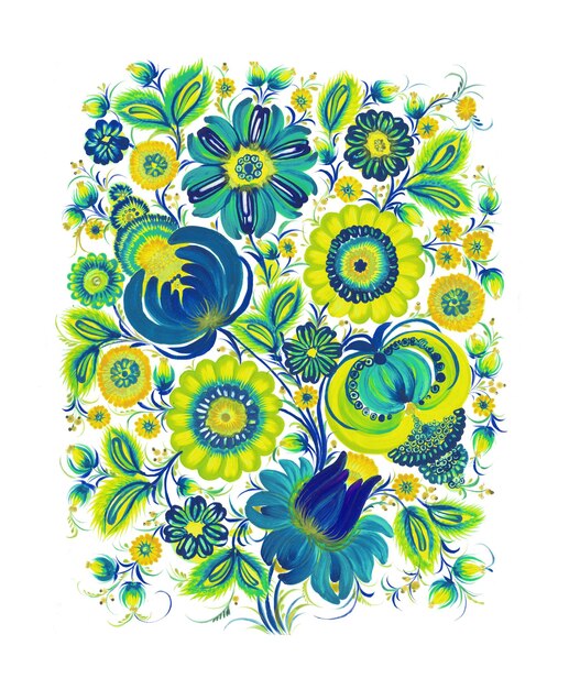 Photo watercolor floral pattern with flowers leaves sunflower flower handdrawn illustration petrykivk