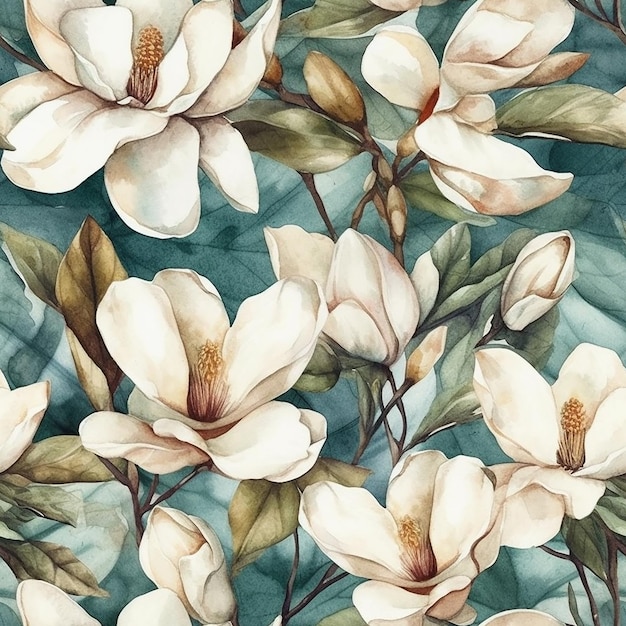 watercolor floral pattern with magnolia flowers