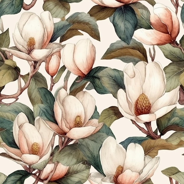 watercolor floral pattern with magnolia flowers