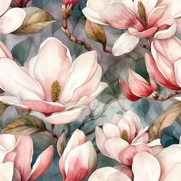 A watercolor floral pattern with magnolia flowers.