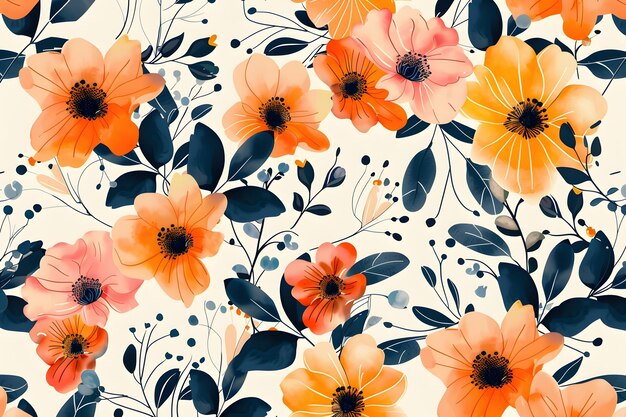 Watercolor Floral Pattern With Orange and Blue Hues Generative AI