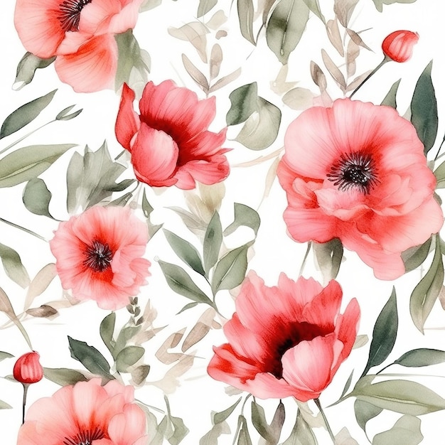 A watercolor floral pattern with red flowers.